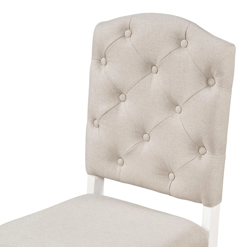 Extendable Dining Table Set with 4 Upholstered Chairs, Stylish Kitchen Table Set with Oak Veneer Top, 54" L x 42" W x 30" H, Off White+Walnut