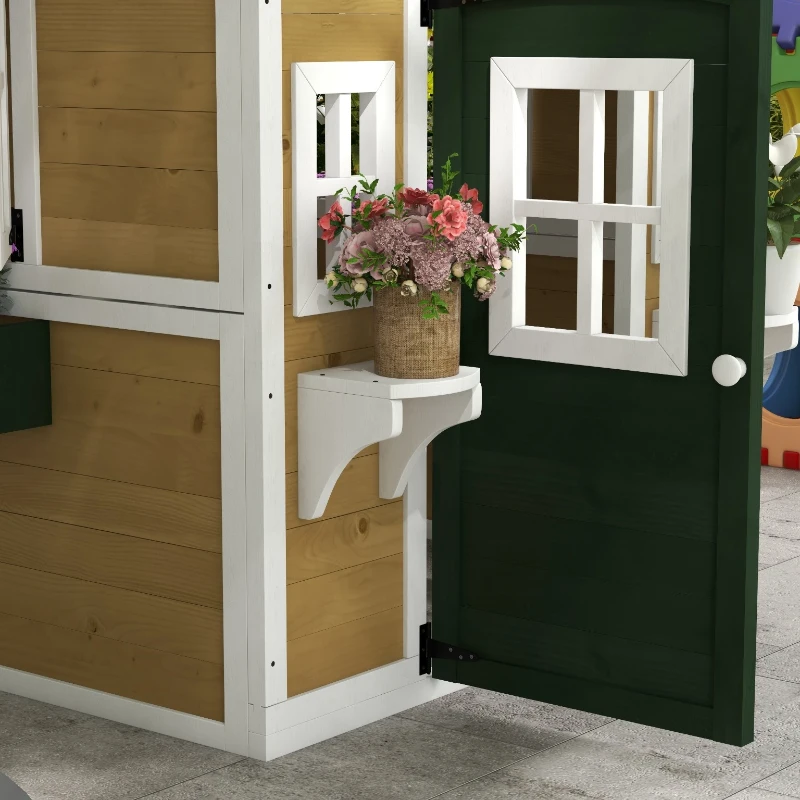 Outsunny Wooden Playhouse for Kids Outdoor with Doors, Windows, Planter Pots and Boxes for Toddlers 3-8 Years, Beige
