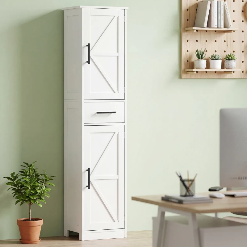 HOMCOM Farmhouse Linen Closet with Drawer, 67" Tall Bathroom Storage Cabinet with Barn Doors and Adjustable Shelves, White
