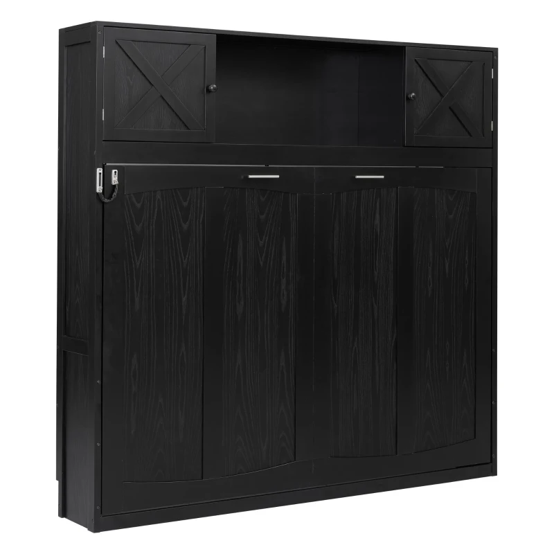 Space-Saving Full Size Murphy Bed with Fold-Down Design, Sturdy Storage Bed with 3 Upper Cabinets, 83" L x 60.5" W x 82" H, Black