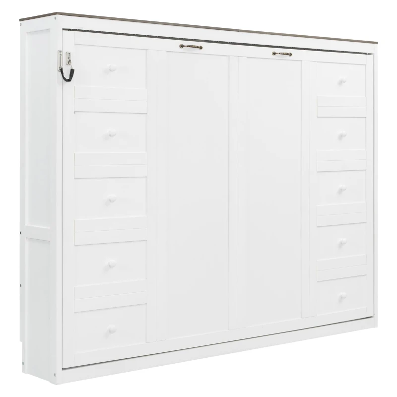 Full Size Murphy Bed with LED Light and Built‑In Desk, Foldable Platform Bed with Smooth Hydraulic Lift, 83" L x 60.5" W x 62" H, Brown+White