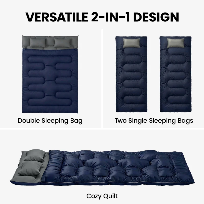 Outsunny Double Sleeping Bag for Adults, Queen Size 2 Person Sleeping Bag with 2 Pillows, for Cold Weather & Warm, Blue