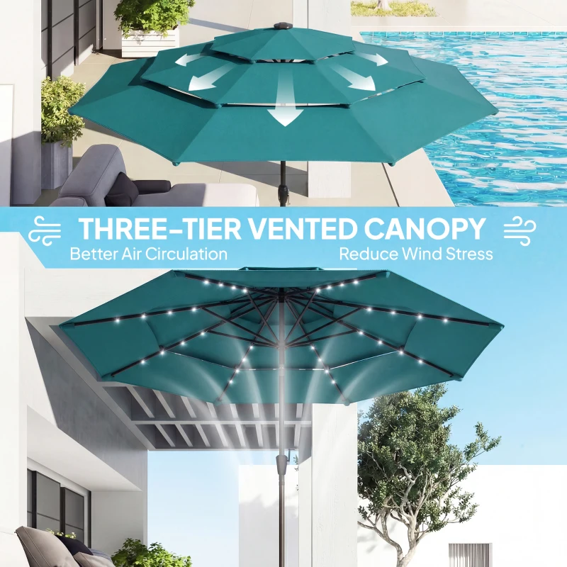 Outsunny 9.7 ft Outdoor Patio Umbrella with Solar LED Lights, 3 Tier Outdoor Table Umbrella with Tilt, Crank, Teal
