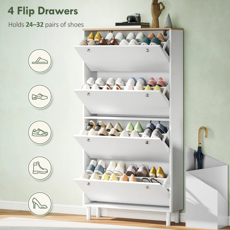 HOMCOM Narrow Shoe Cabinet with 4 Flip Drawers, Shoe Storage Cabinet with Adjustable Shelves, Holds 24–32 Pairs, White
