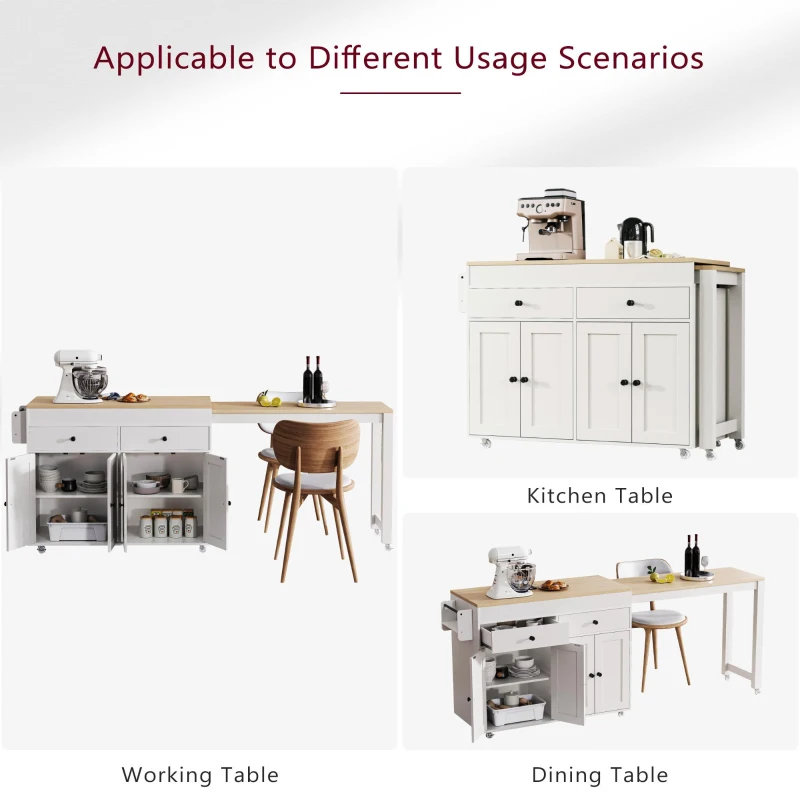 Space-Saving Kitchen Cart with Extendable Dining Table, Rolling Kitchen Island with Ample Storage, 74.5'' L x 19.5'' W x 36'' H, Off White