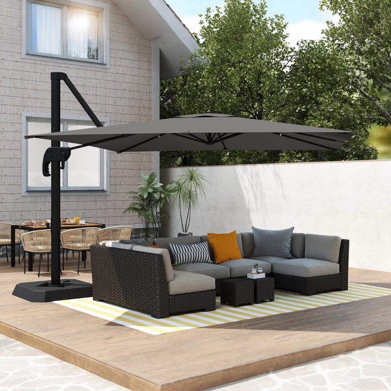 Outsunny 10 FT Patio Umbrella with Base, Outdoor Offset Cantilever Umbrella with Crank Handle and Tilt, 360° Rotation