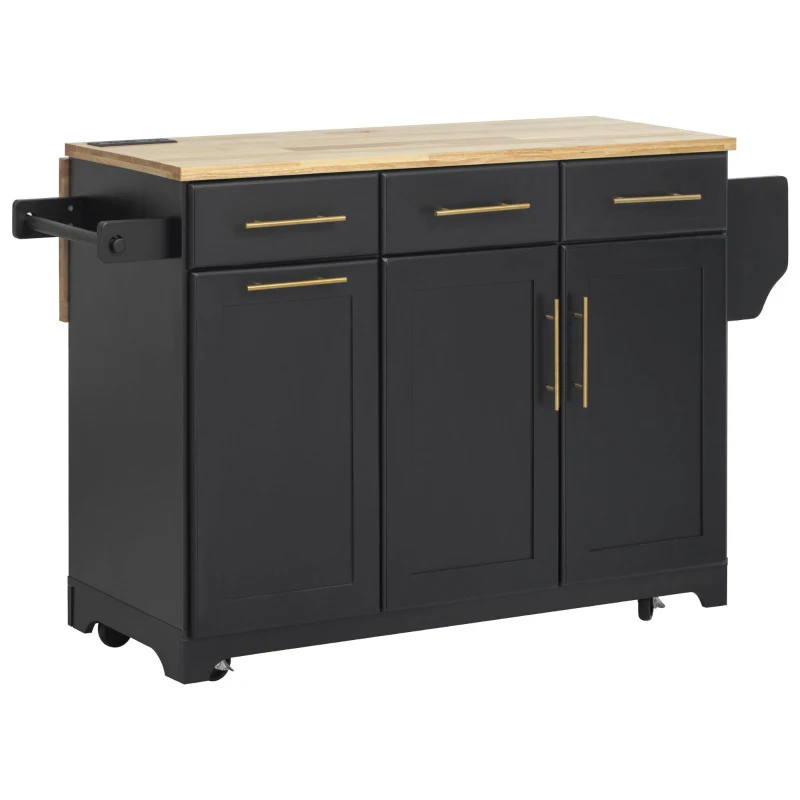Rolling Kitchen Island with Drop-Leaf Rubberwood Top, Versatile Storage Cart for Contemporary Homes, 59.5'' L x 29.5'' W x 35.5'' H, Black