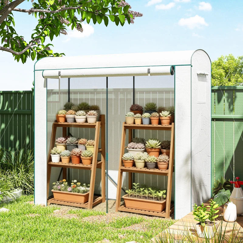 Outsunny Mini Greenhouse, Portable Greenhouse with Roll-Up Door and 2 Mesh Windows, PE Cover, 78.7" x 29.5" x 74", White