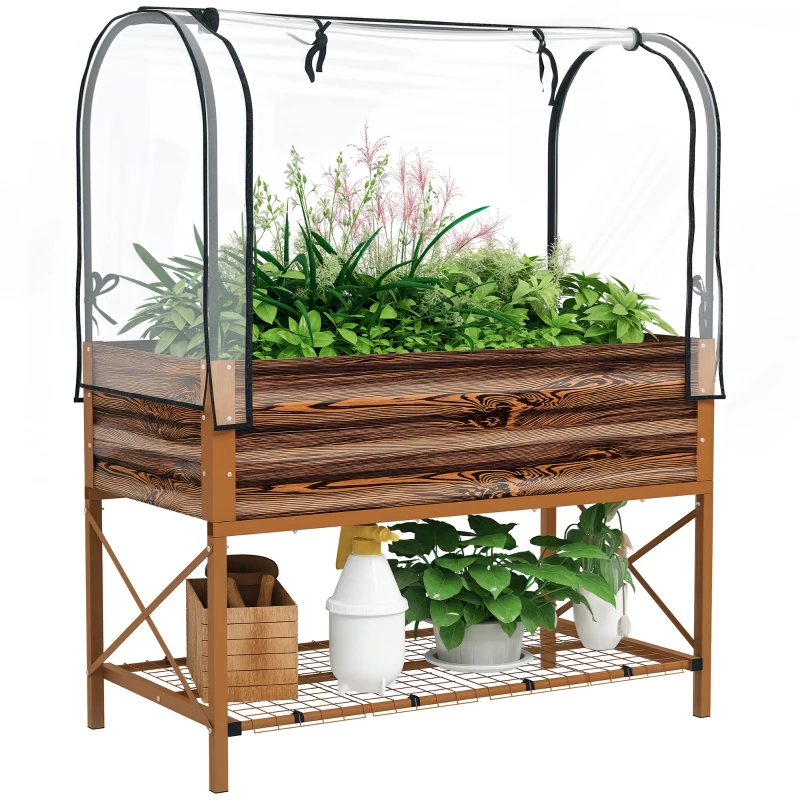 Outsunny Raised Garden Bed with Cover, Metal Elevated Planter Box with Bottom Shelf and Liner, Dark Brown Wood Effect