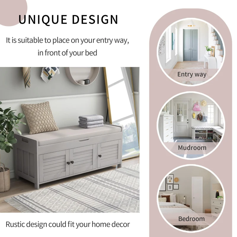 Rustic Storage Bench with Removable Linen-Blend Cushion, Functional Entryway Bench for Living Room, 43.5" L x 16" W x 18" H, Gray Wash