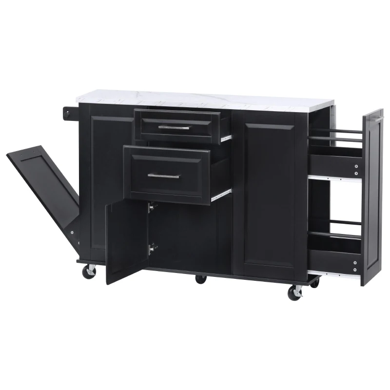Versatile Kitchen Island with 2-Tier Pull-Out Organizer & 5 Casters, Rolling Kitchen Cart with Drop Leaf, 50.5'' L x 26.5'' W x 35.5'' H, Black