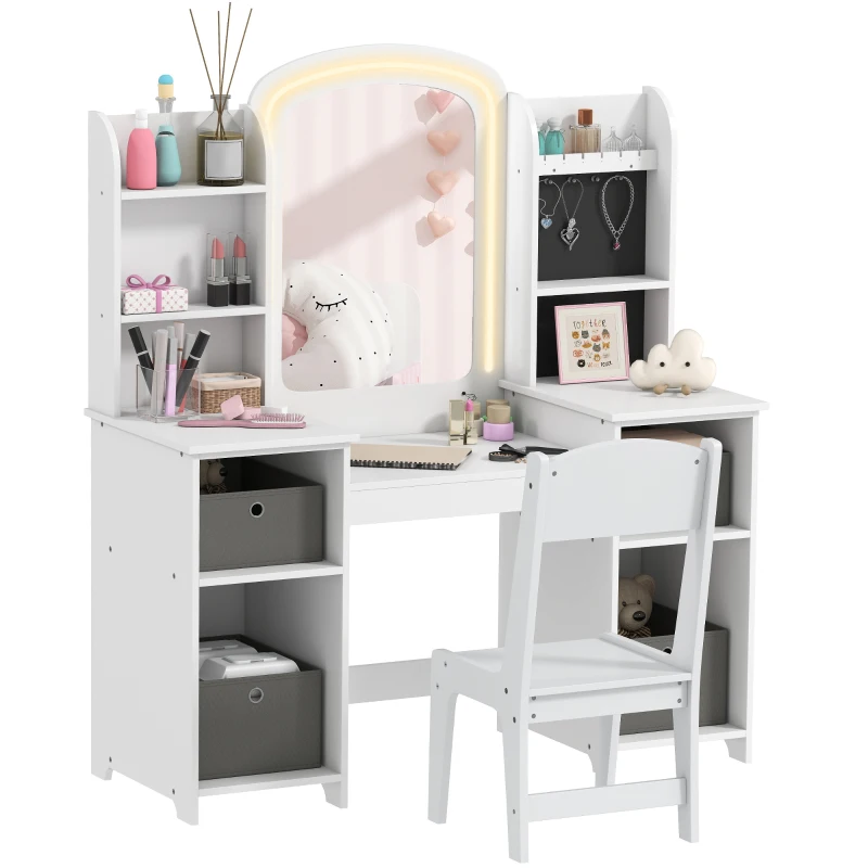 Qaba Kids Vanity Table and Chair, Toddler Dressing Table and Chair Set with Lighted Mirror for Little Girls, White