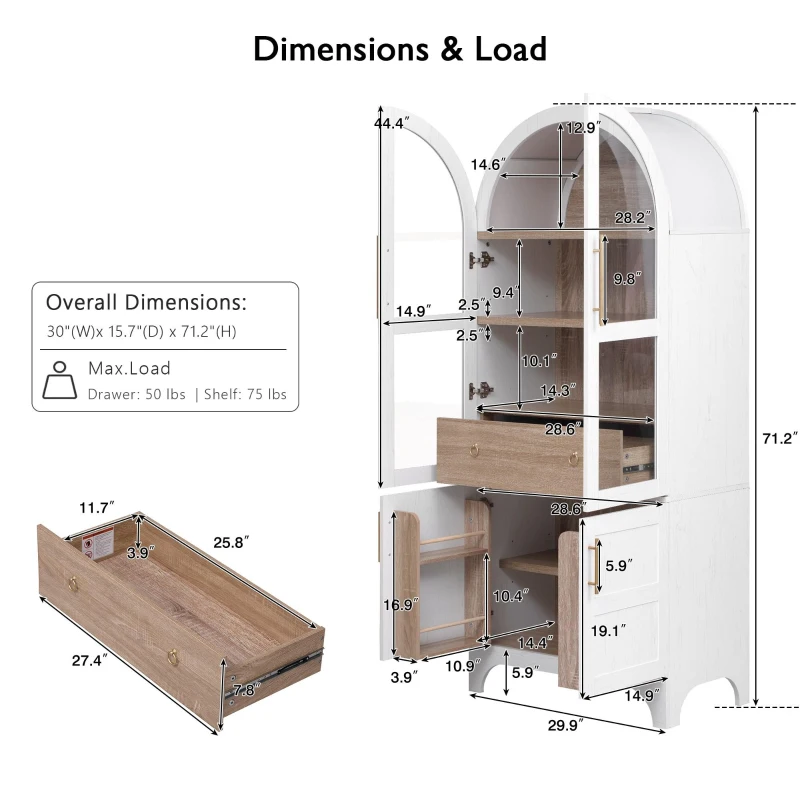 Arched Kitchen Pantry Cabinet with Large Hidden Drawer, Glass-Door Storage with Soft-Close Hinges, 30'' L x 15.5'' W x 71'' H, White