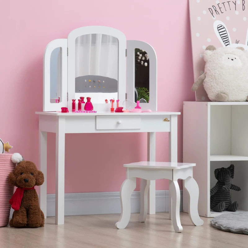 Qaba Kids Vanity Table & Chair Set, Girls Dressing Set, Make Up Desk with Tri-folding Mirrors, Drawer, White