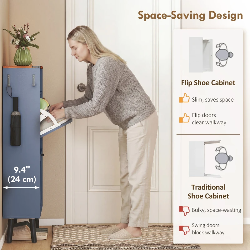 HOMCOM Shoe Storage Cabinet with 2 Flip Drawers, Farmhouse Narrow Shoe Cabinet, Holds Up to 16 Pairs, Blue