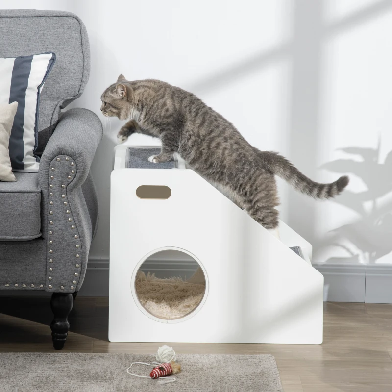 PawHut Pet Stairs for Miniature Dogs Hidden House, Cat Steps for Couch High Bed Sofa, Portable Puppy Stairs for Climbing with Handles, Non-Slip Carpet, Side Holes for Entry, White