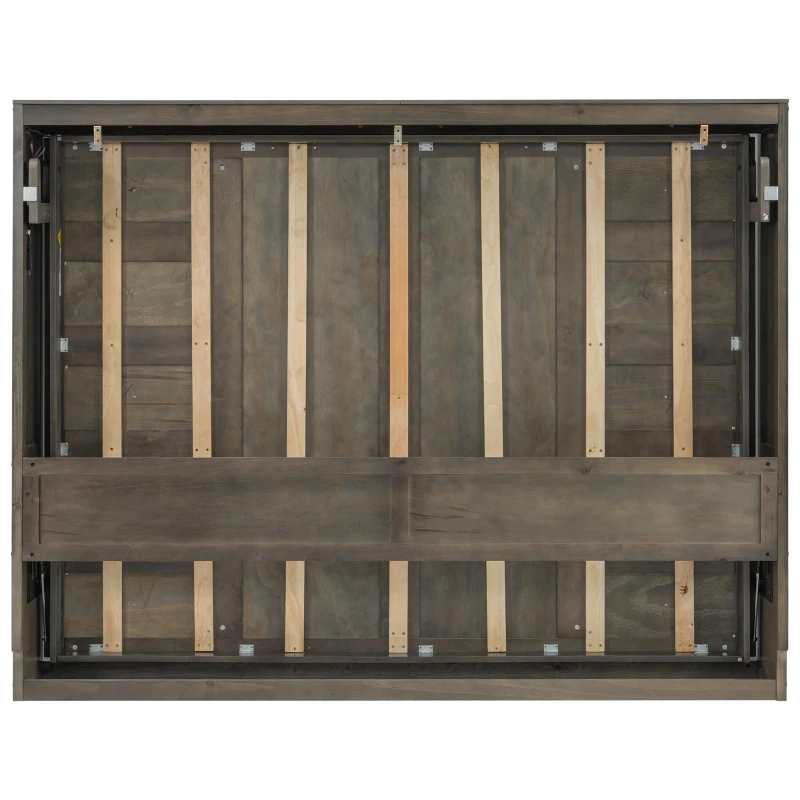 Queen Size Brown Murphy Bed with Smooth Hydraulic Lift, Space‑Saving Fold‑Down Unit with Wood Slat Support, 88'' L x 67'' W x 68.5'' H, Brown