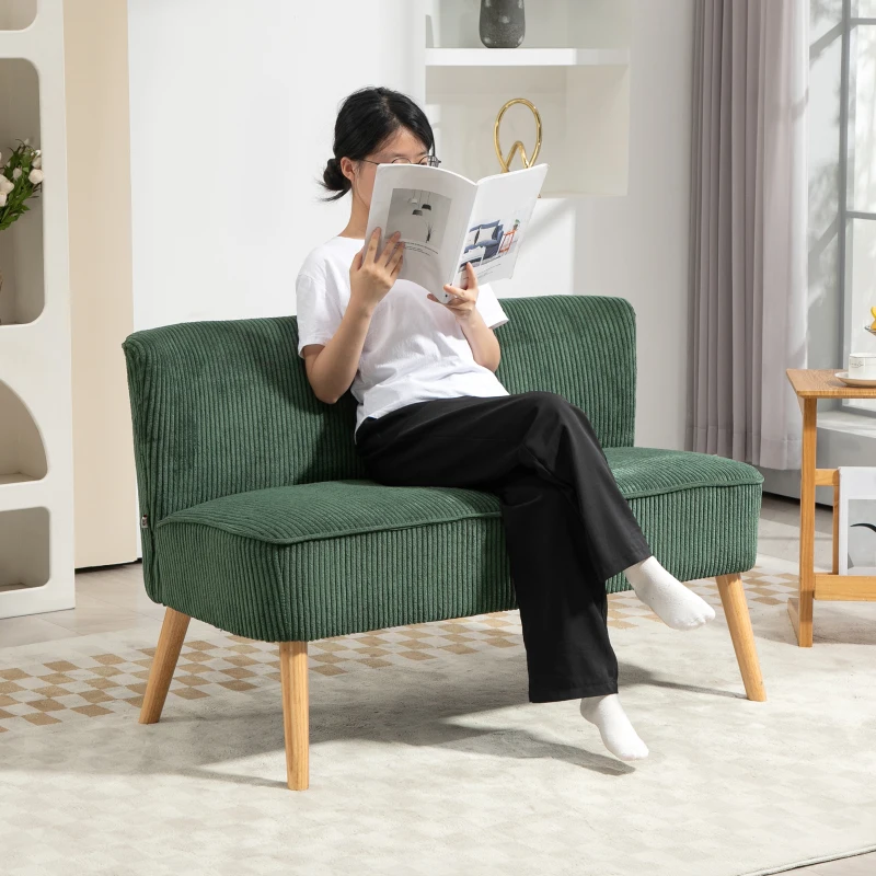 HOMCOM Modern 2 Seater Sofa, Upholstered Two Seater Couch with Rubber Wood Legs, Green