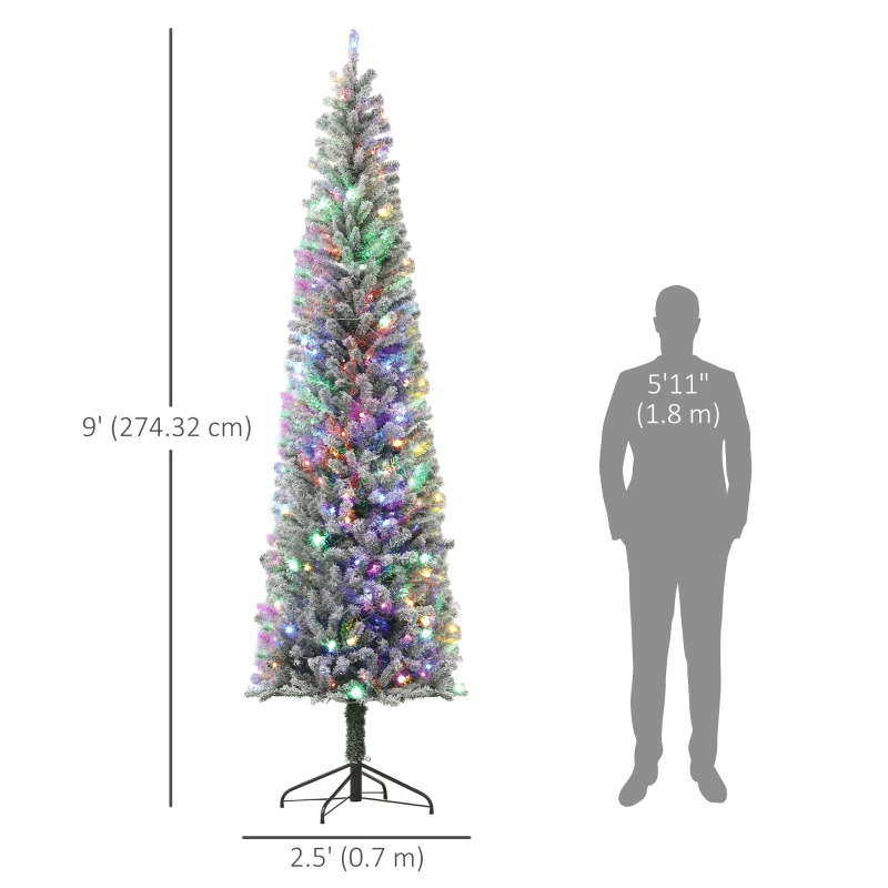 HOMCOM 9ft Prelit Pencil Artificial Christmas Tree, Flocked Xmas Tree with Remote, Dual Colour LEDs, 895 Tips, Metal Stand