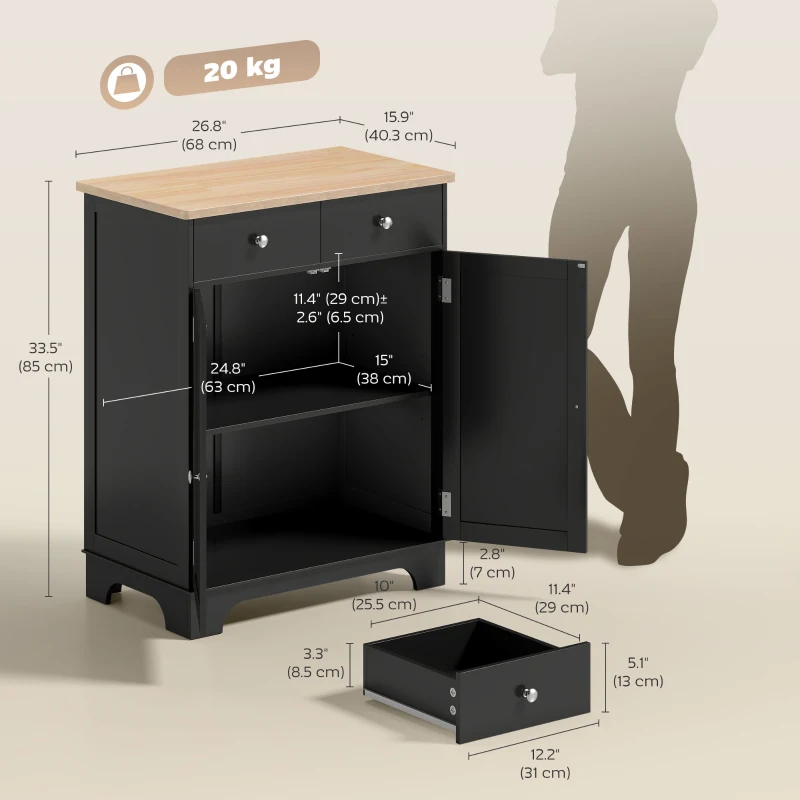 HOMCOM Sideboard Buffet Cabinet with Storage, 27" Kitchen Cabinet with Adjustable Shelf, 2 Drawers and 2 Doors, Coffee Bar Cabinet with Rubberwood Tabletop, Black