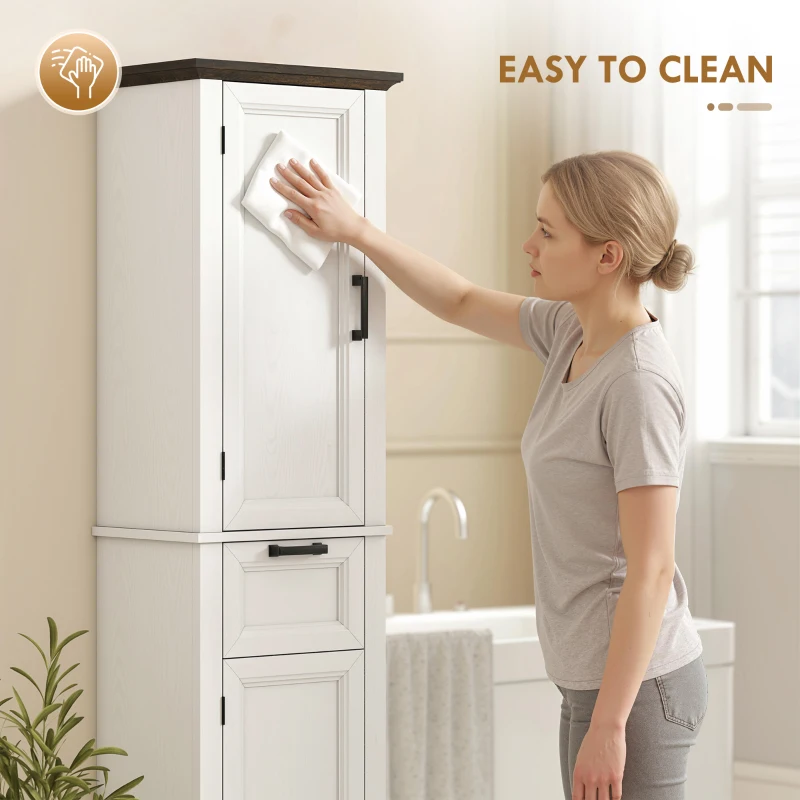 HOMCOM 65" Tall Bathroom Storage Cabinet, Freestanding Farmhouse Slim Bathroom Cabinet with 2 Doors, Shelves and Drawer, White
