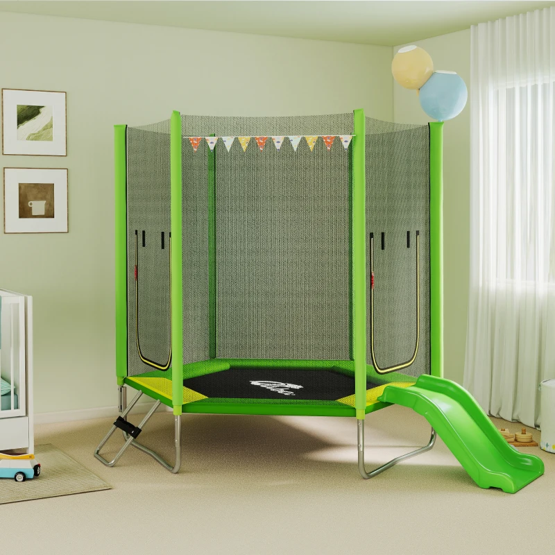 Qaba 85" Trampoline for Kids with Safety Enclosure, Toddler Trampoline with Slide Ladder for Ages 3-6 , Green