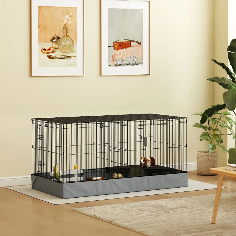 PawHut Guinea Pig Cage with Removable Top, 2 Separate Area, Waterproof Bottom Liner, Ramp, Perch, for Rabbits, Hedgehogs