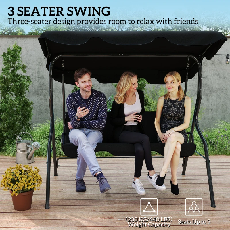 Outsunny Outdoor Porch Swing with Adjustable Canopy, 3-Seater Patio Swing Chair with Cushion, Black