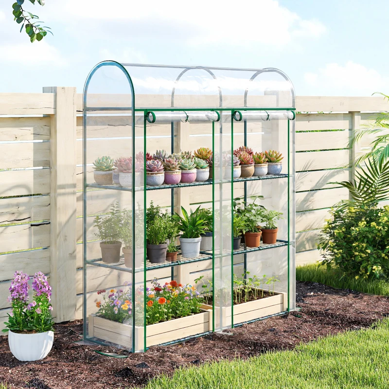 Outsunny 3 Tier Mini Greenhouse, Portable Greenhouse with 2 Roll-up Doors, 56.3" x 18.1" x 64.6", Clear