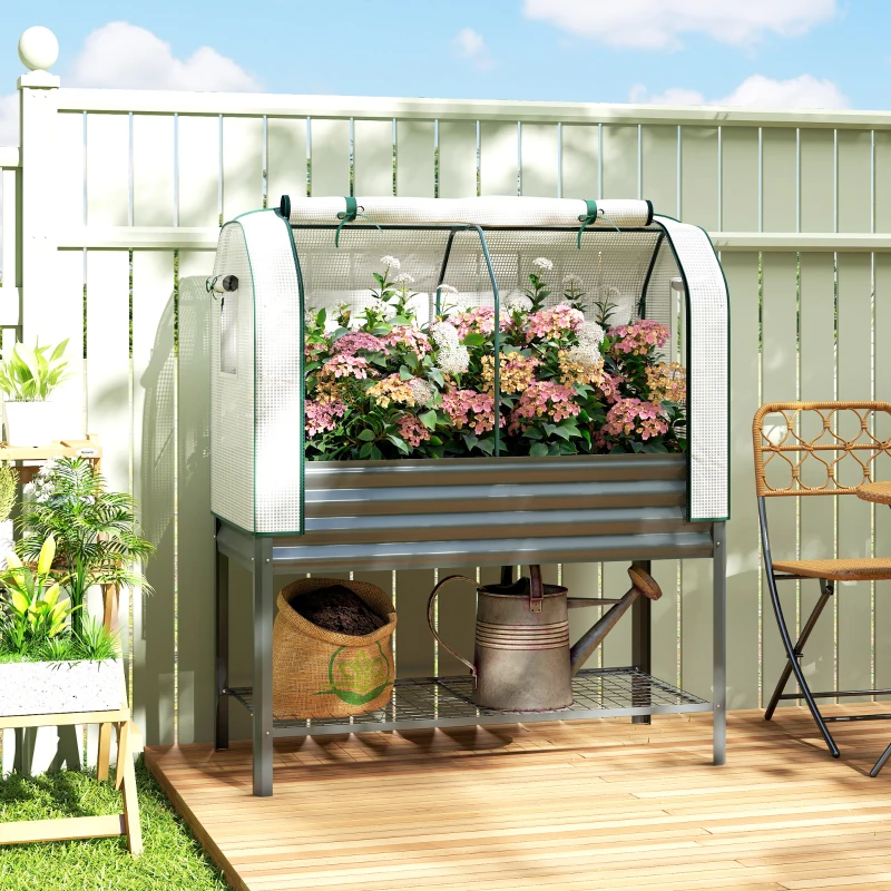 Outsunny Galvanised Raised Garden Bed with Greenhouse Cover, Metal Elevated Planter Box with Bed Liner, Bottom Shelf, Dark Grey