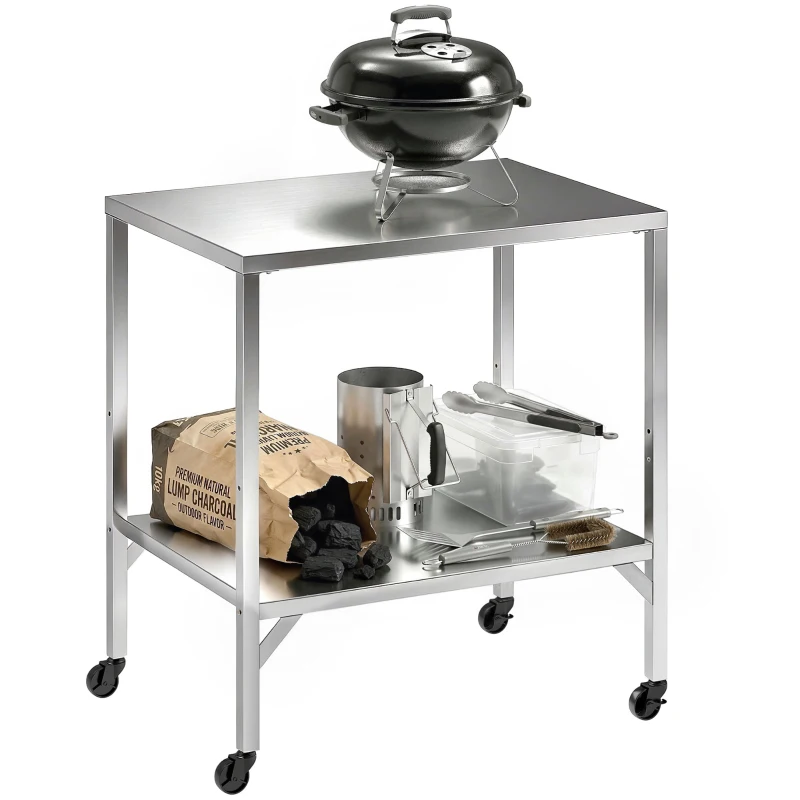Outsunny Outdoor Grill Cart with Stainless Steel Tabletop, Pizza Oven Stand with Shelf, Lockable Wheels, Rolling BBQ Table