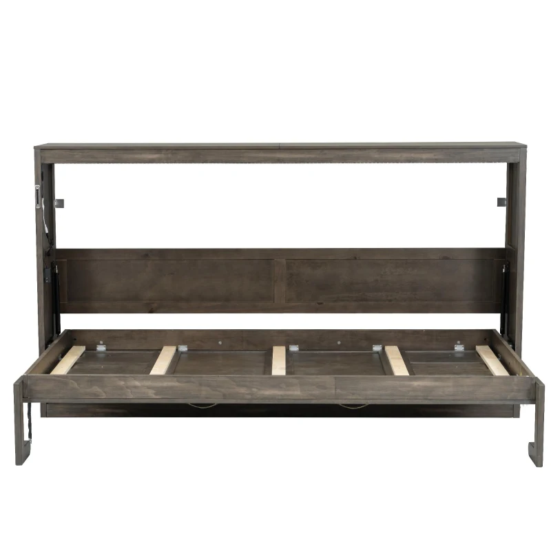 Twin-Size Murphy Bed with LED Light and Foldaway Cabinet, Space-Saving Wall Bed with Desk Conversion, 83" L x 45.5" W x 47" H, Brown