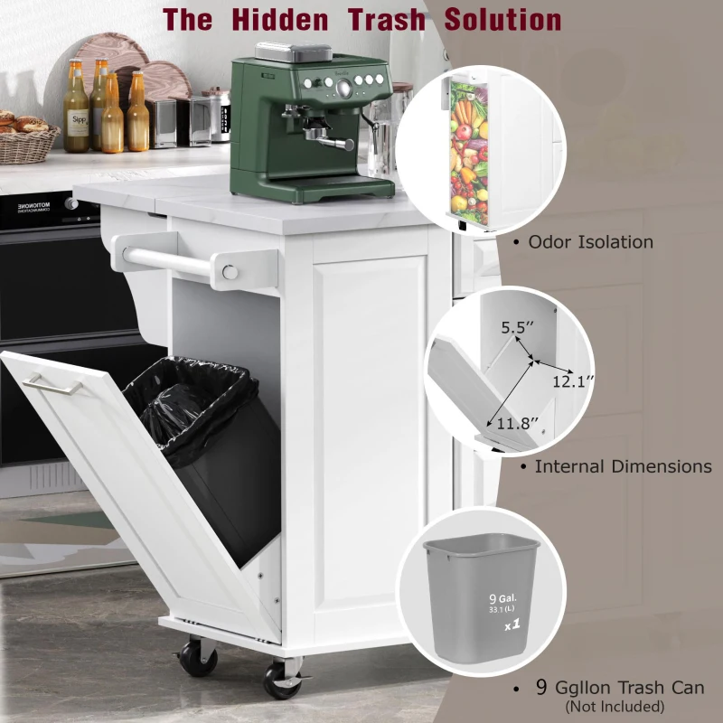 Rolling Kitchen Island with 2‑Tier Pull-Out Organizer, Versatile Storage Cabinet for Open-Plan Kitchens, 50.5'' L x 26.5'' W x 35.5'' H, White