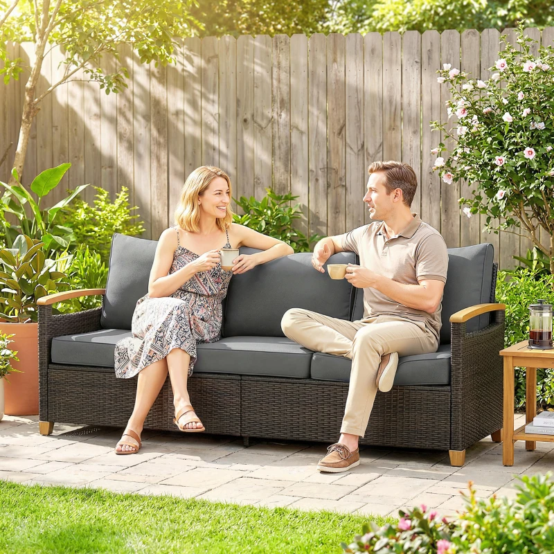 Outsunny 3 Seater Outdoor Couch Sofa, PE Wicker Patio Sofa, Wide Deep Seat, 4" Cushions, Wood-Effect Armrests Legs, Gray