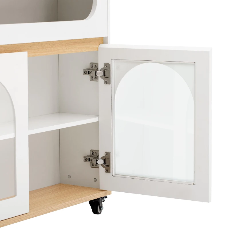 Extendable Rolling Kitchen Island with Folding Top, Versatile Kitchen Cart with Windows, 74" L x 43.5" W x 37.5" H, Creamy White+Natural