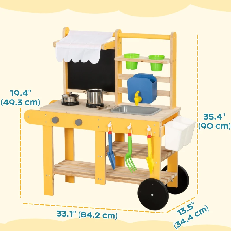 Qaba Mud Kitchen for Kids Outdoor with Wheels, Wooden Play Kitchen with Sink, Storage, Planting Pots, Blackboard, Yellow