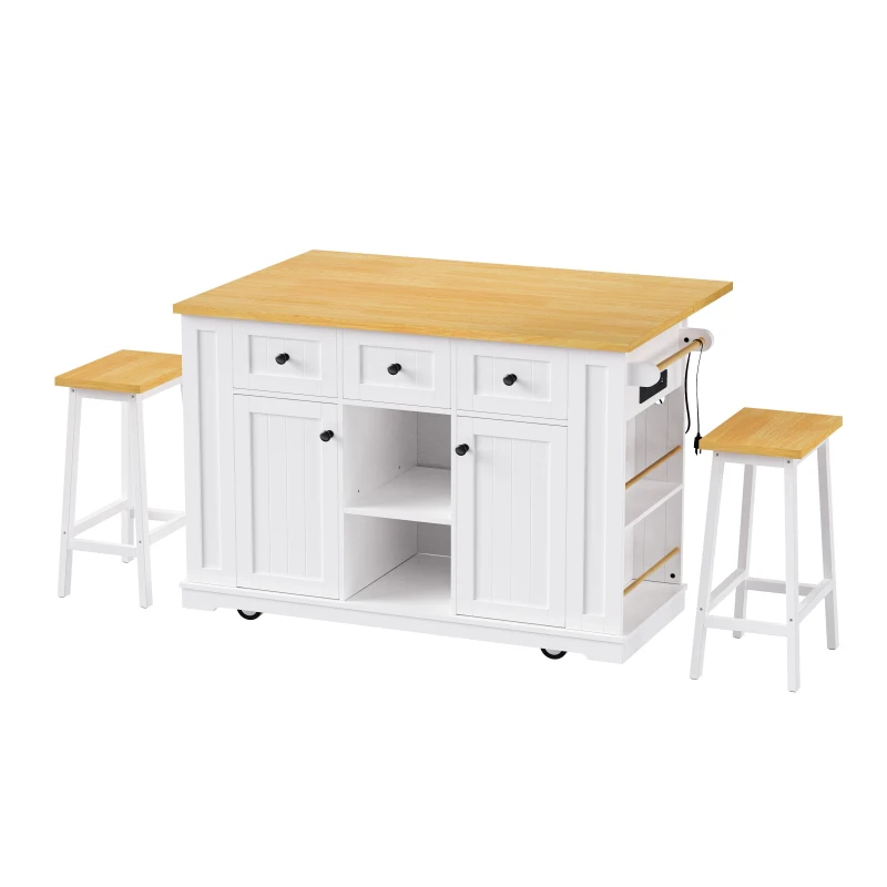 Modern White Kitchen Island Set with 2 Bar Stools, Versatile Kitchen Cart Set with Drop-Leaf Counter, 53" L x 29.5" W x 36.5" H, White