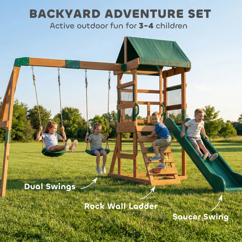 Qaba Wood Swing Set, Outdoor Playset with Slide, 2 Swings, Rock Wall and Covered Upper Deck, Kids Outdoor Playground