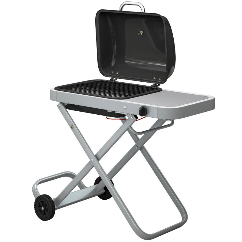 Outsunny Portable Propane Gas BBQ Grill with Foldable Cart, Wheels, 9500 BTU Gas Barbecue Grill with Piezo Ignition Burner, Black