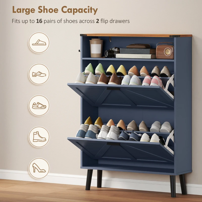 HOMCOM Shoe Storage Cabinet with 2 Flip Drawers, Farmhouse Narrow Shoe Cabinet, Holds Up to 16 Pairs, Blue