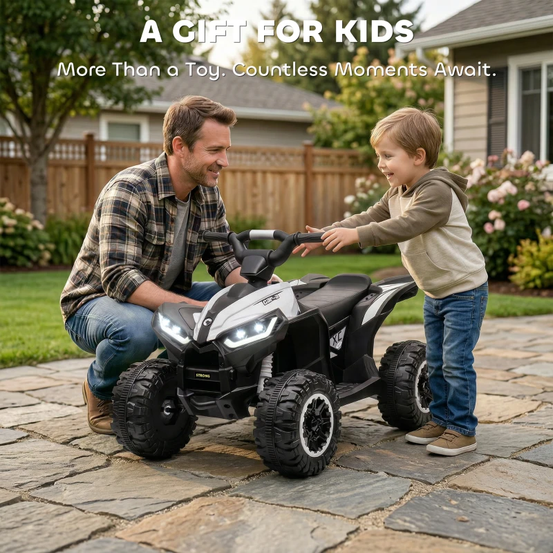 Aosom 12V Kids ATV Quad Car with Forward & Backward Function, Four Wheeler for Kids with Wear-Resistant Wheels, Music, Electric Ride-on ATV for Toddlers Ages 3+ Years Old, White