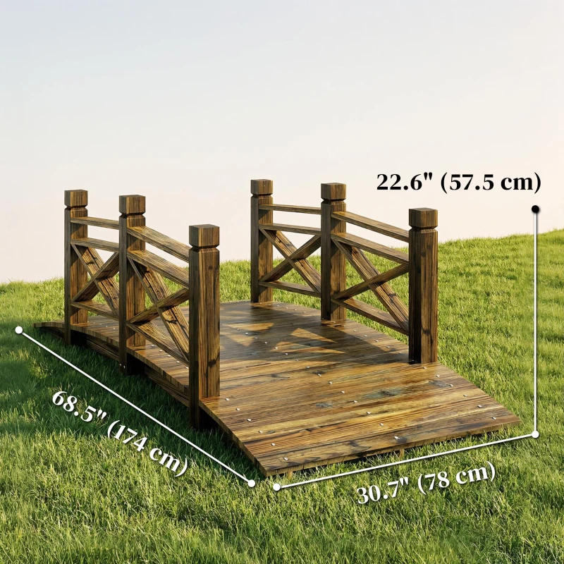 Outsunny Garden Bridge Wooden Arch Footbridge with Safety Rails Carbonized