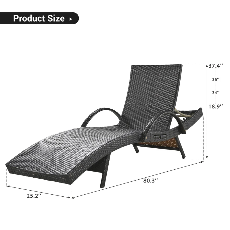 Set of 2 Outdoor Wicker Chaise Lounge with Adjustable Backrest, Ergonomic Recliners with Side Table, 80'' L x 27'' W x 36'' H, Dark Brown