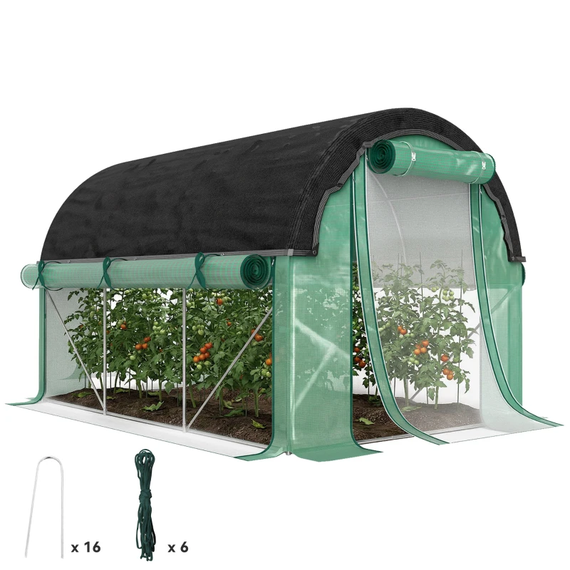 Outsunny Walk-in Tunnel Greenhouse, Plant Hot House with Sunshade Net, Roll-up Mesh Sidewalls, 2 Doors, 6.6' x 10' x 6.5' , Green