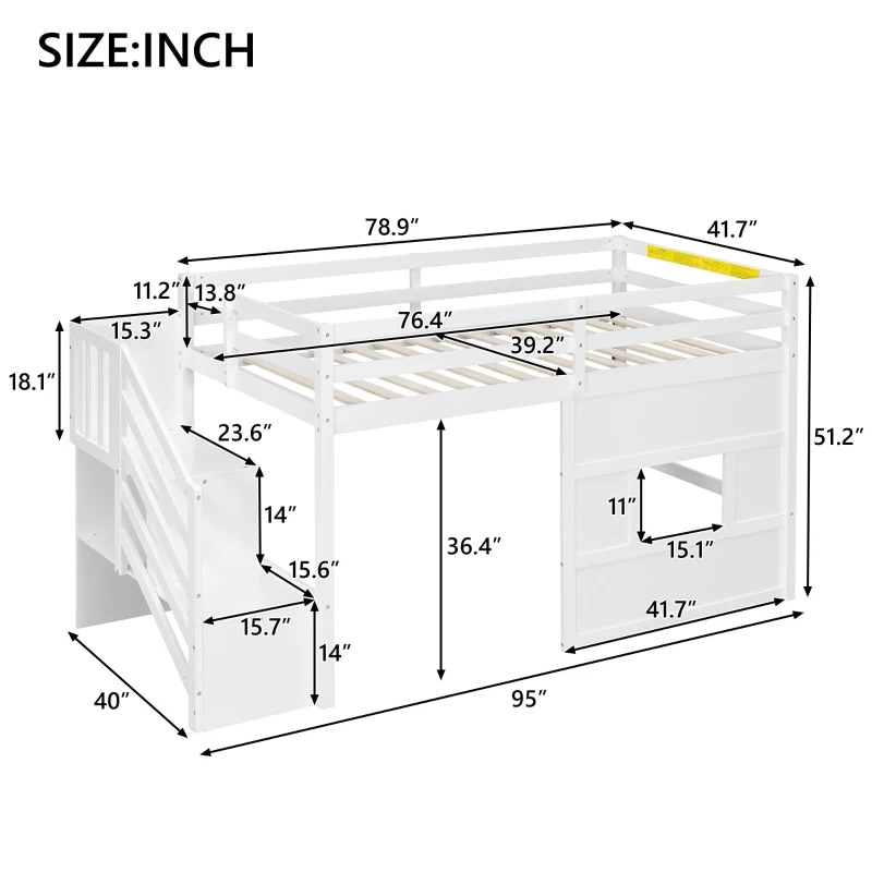 Stylish Twin Loft Bed with Storage Staircase and Window, Sturdy Bunk Bed with Full-Length Guardrails, 95" L x 41.5" W x 50" H, White