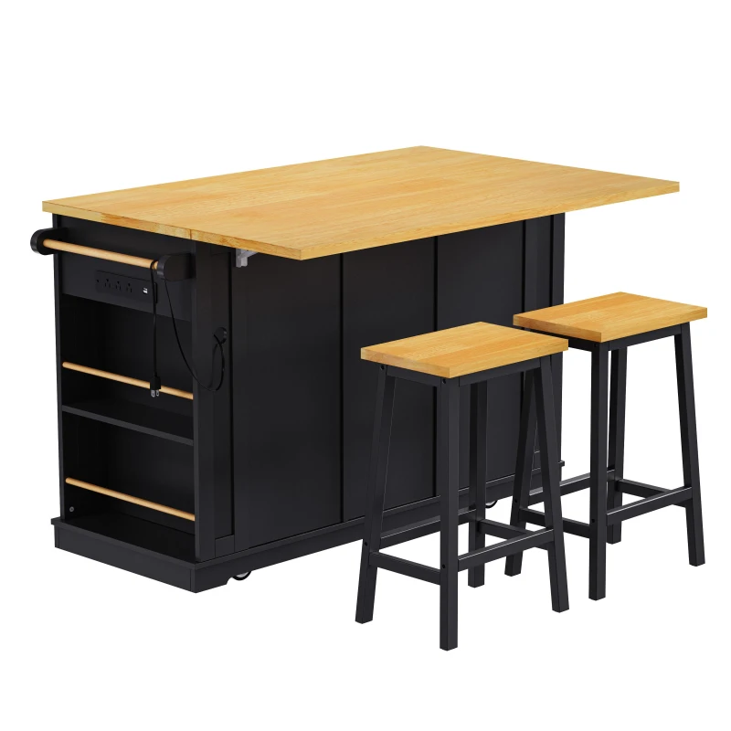 Modern Black Kitchen Island Set with 2 Bar Stools, Versatile Kitchen Cart Set with Drop-Leaf Counter, 53" L x 29.5" W x 36.5" H, Black