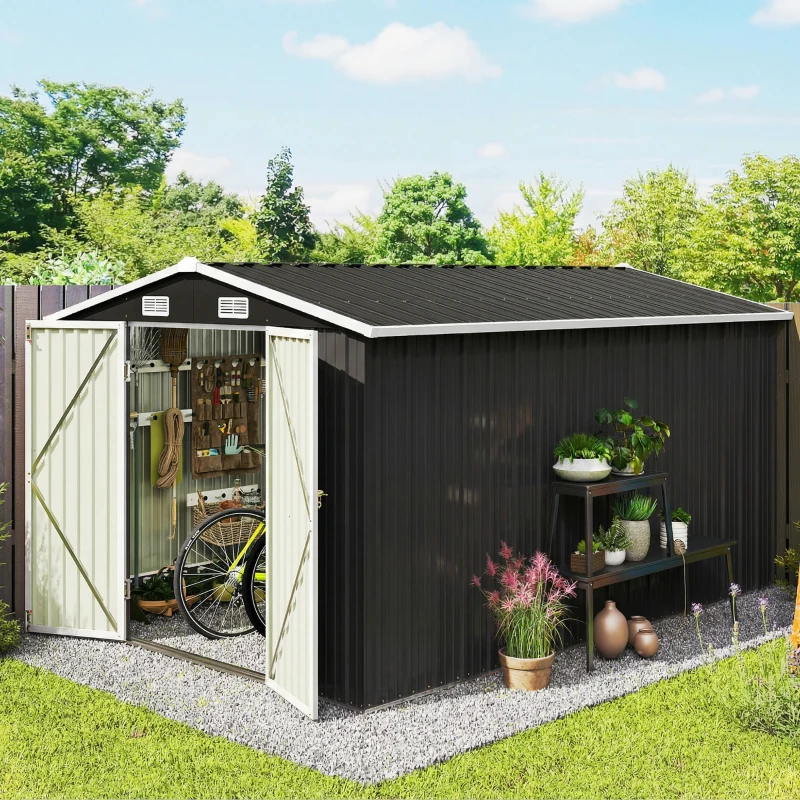 Outsunny 12' x 10' Metal Shed, Heavy Duty Outdoor Storage Shed with 4 Vents and Lockable Double Doors, Dark Grey