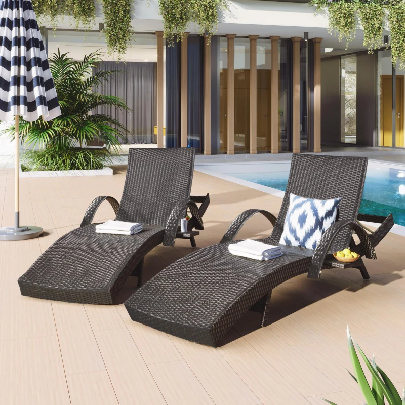 Set of 2 Outdoor Wicker Chaise Lounge with Adjustable Backrest, Ergonomic Recliners with Side Table, 80'' L x 27'' W x 36'' H, Dark Brown