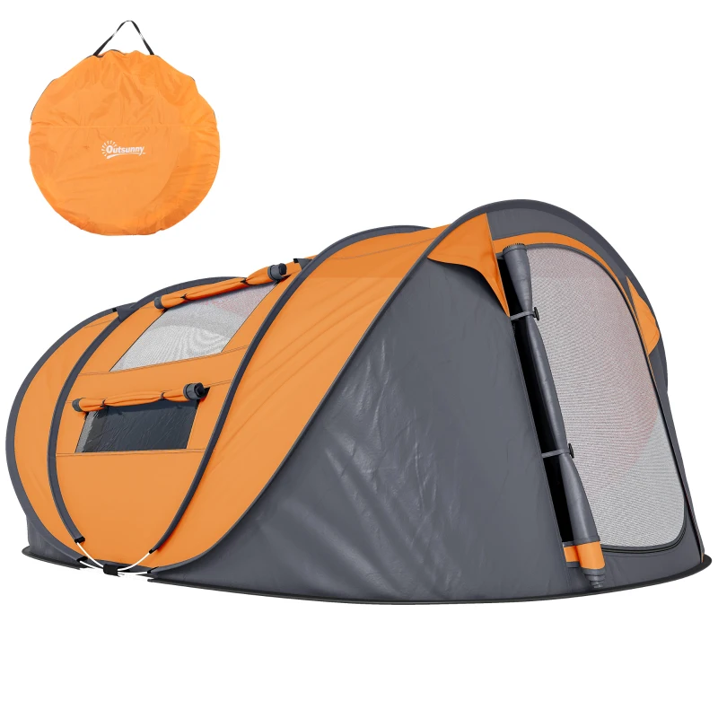 Outsunny 4 Person Camping Tent, Easy Pop Up Tent with Doors, Windows and Carry Bag, Automatic Setup Tent for Hiking, Orange