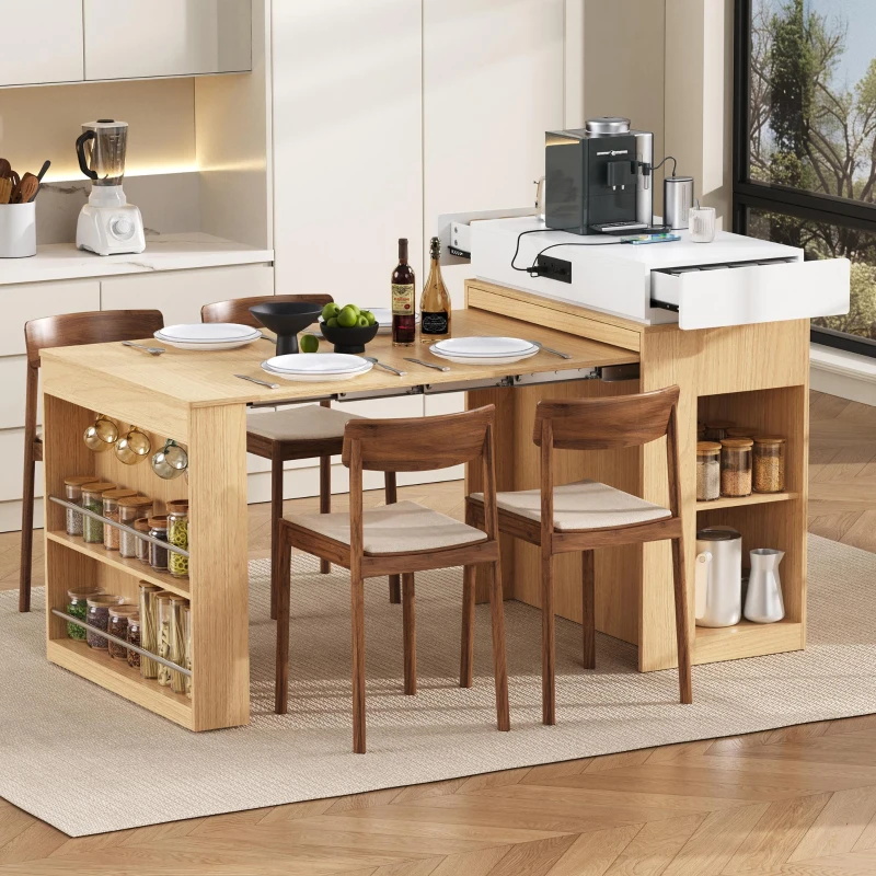 Extendable Dining Table with Folding Tabletop, Multi-Functional Kitchen Island with Drawers, 57.5" L x 32.5" W x 38" H, Creamy White+Natural